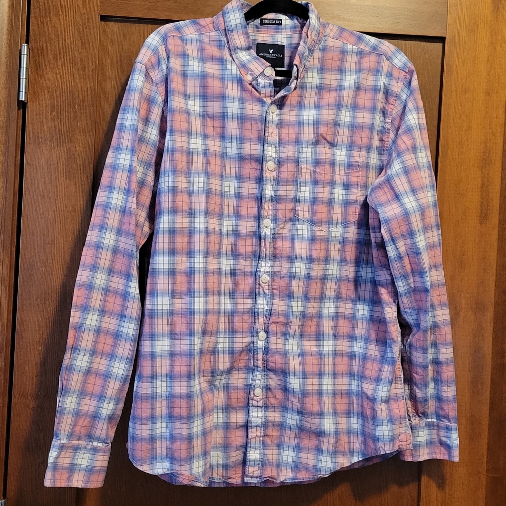 American Eagle Super Soft Men Pink & Blue Plaid Shirt Long Sleeve Button Up XL